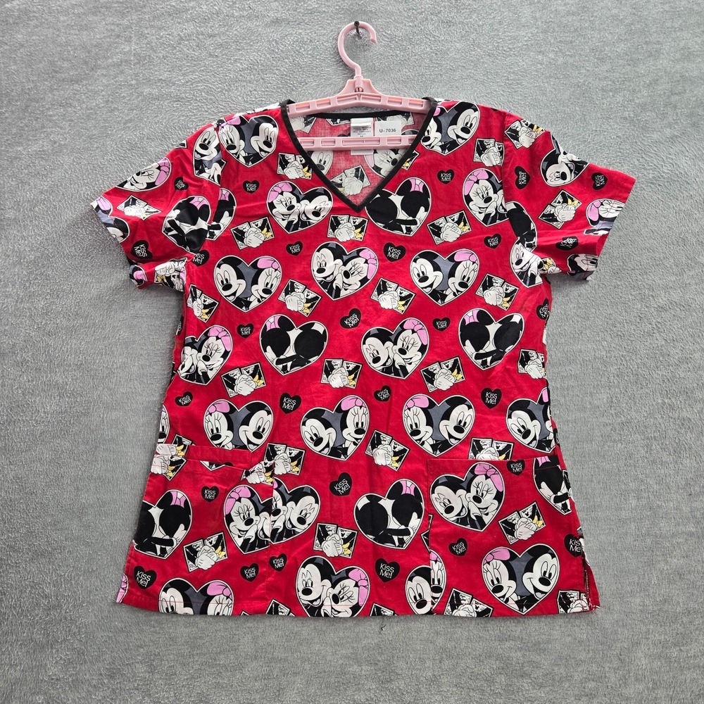 Disney Women Scrub Top Medium Red Mickey Minnie Mouse Heart Kiss Me Shirt